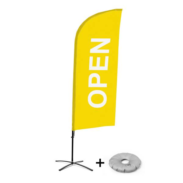 Kompletní sada reklamní vlajky ve tvaru křídla, Otevřeno, žlutá, anglicky Křížová Základna