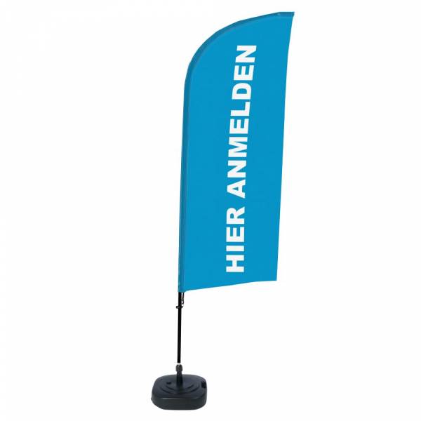 Kompletní sada reklamní vlajky ve tvaru křídla, Přihlášení, modrá, německy