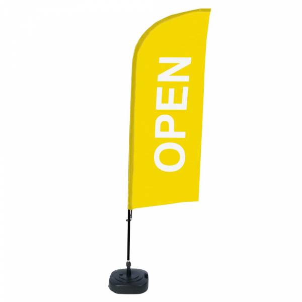 Kompletní sada reklamní vlajky ve tvaru křídla, Otevřeno, žlutá, anglicky ECO