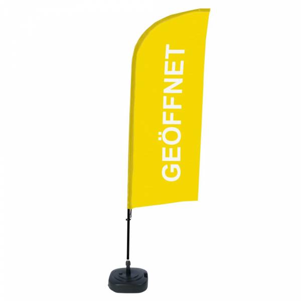 Kompletní sada reklamní vlajky ve tvaru křídla, Otevřeno, žlutá, německy