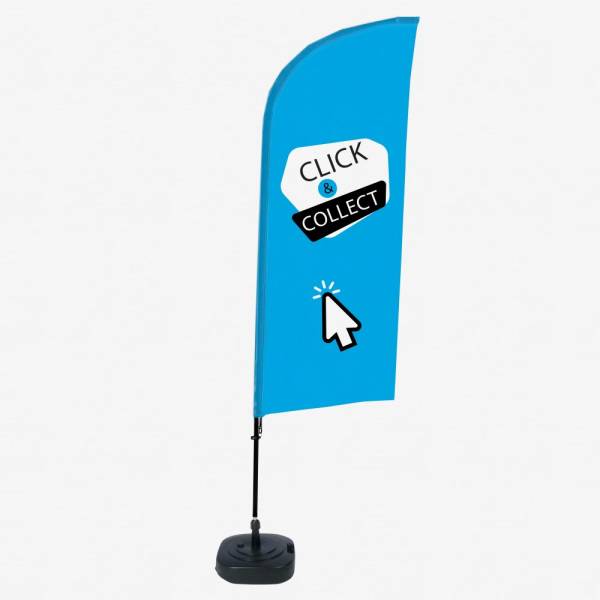 Kompletní sada reklamní vlajky Alu ve tvaru křídla s motivem Click &amp; Collect modrá angličtina