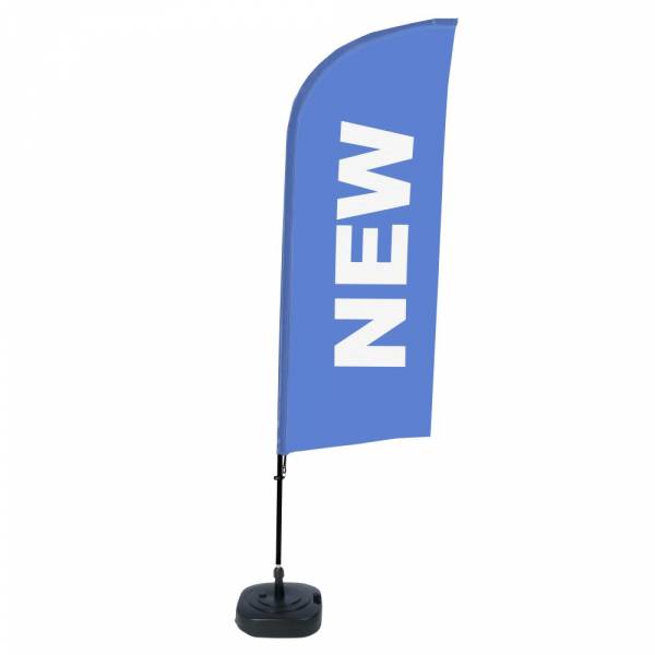 Kompletní sada reklamní vlajky ve tvaru křídla, Novinka, modrá, anglicky ECO
