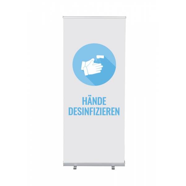 Set Roll-baneru Budget s vytištěným motivem dezinfikovat ruce, bílý, německy